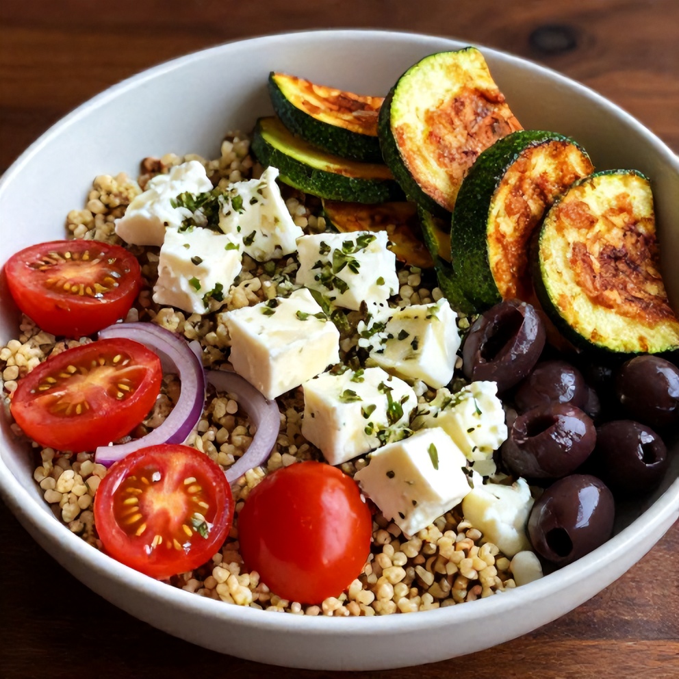 Greek Grain Bowl with Halloumi and Zucchini Crisps