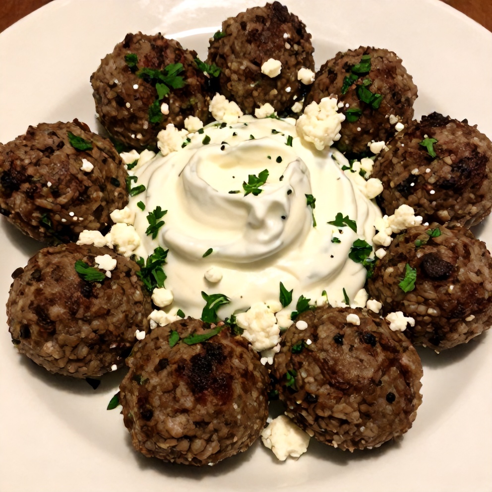 Plated Greek Lentil Meatballs with Tzatziki Sauce