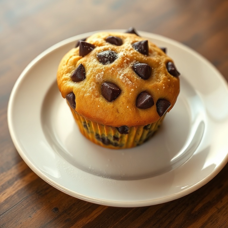 One perfect plated serving of a chocolate chip muffin. Garnished with a sprinkle of sugar. Cream-colored porcelain plate. Warm lighting showing texture. Photorealistic food photography style.