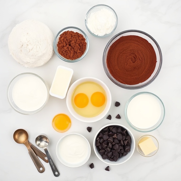Overhead flat lay of all raw ingredients. Flour, sugar, cocoa powder, baking powder, chocolate chips, Greek yogurt, eggs, milk, butter. Measuring spoons and cups visible. White marble surface. Bright even light.