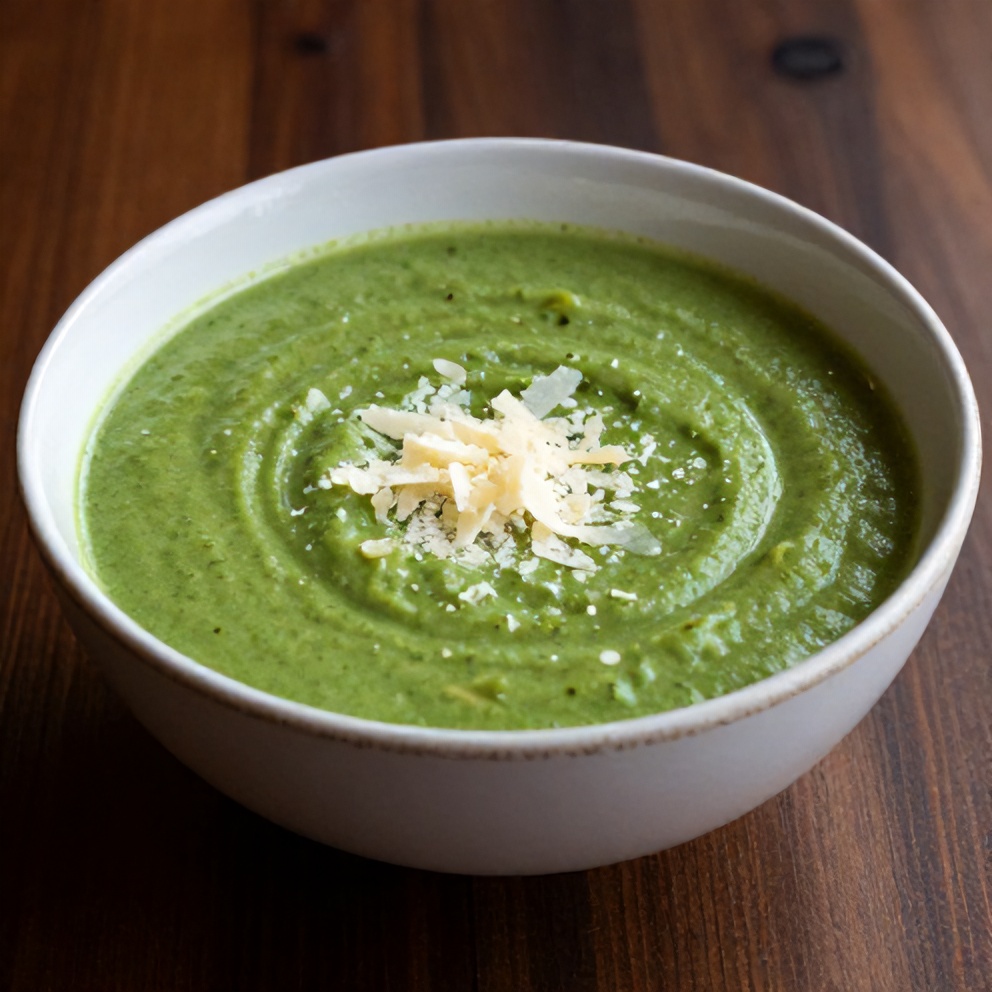 Bowl of creamy green vegetable soup with a sprinkle of parmesan