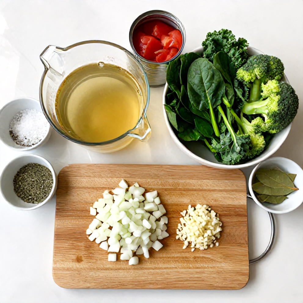 Raw ingredients for green vegetable soup: spinach, kale, broccoli, onion, garlic, and vegetable broth