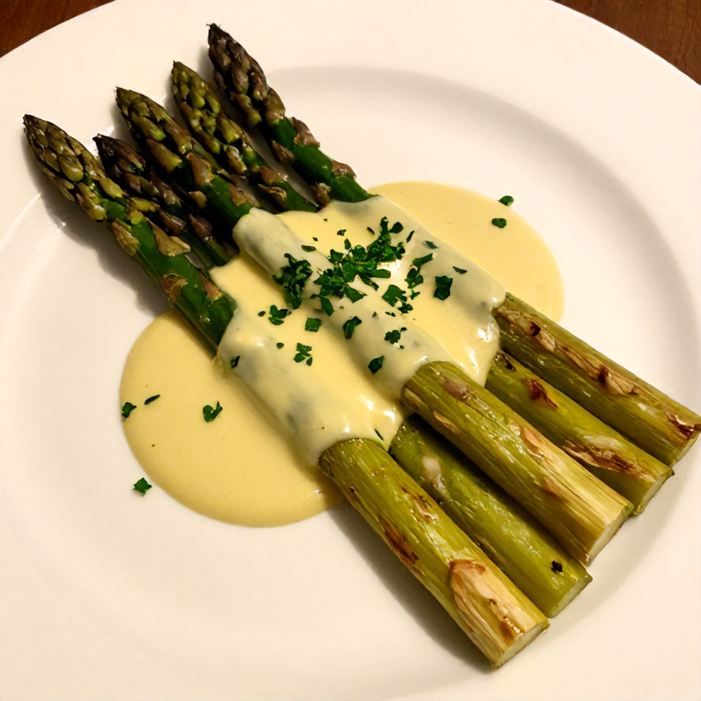 Plated grilled asparagus with tahini lemon sauce