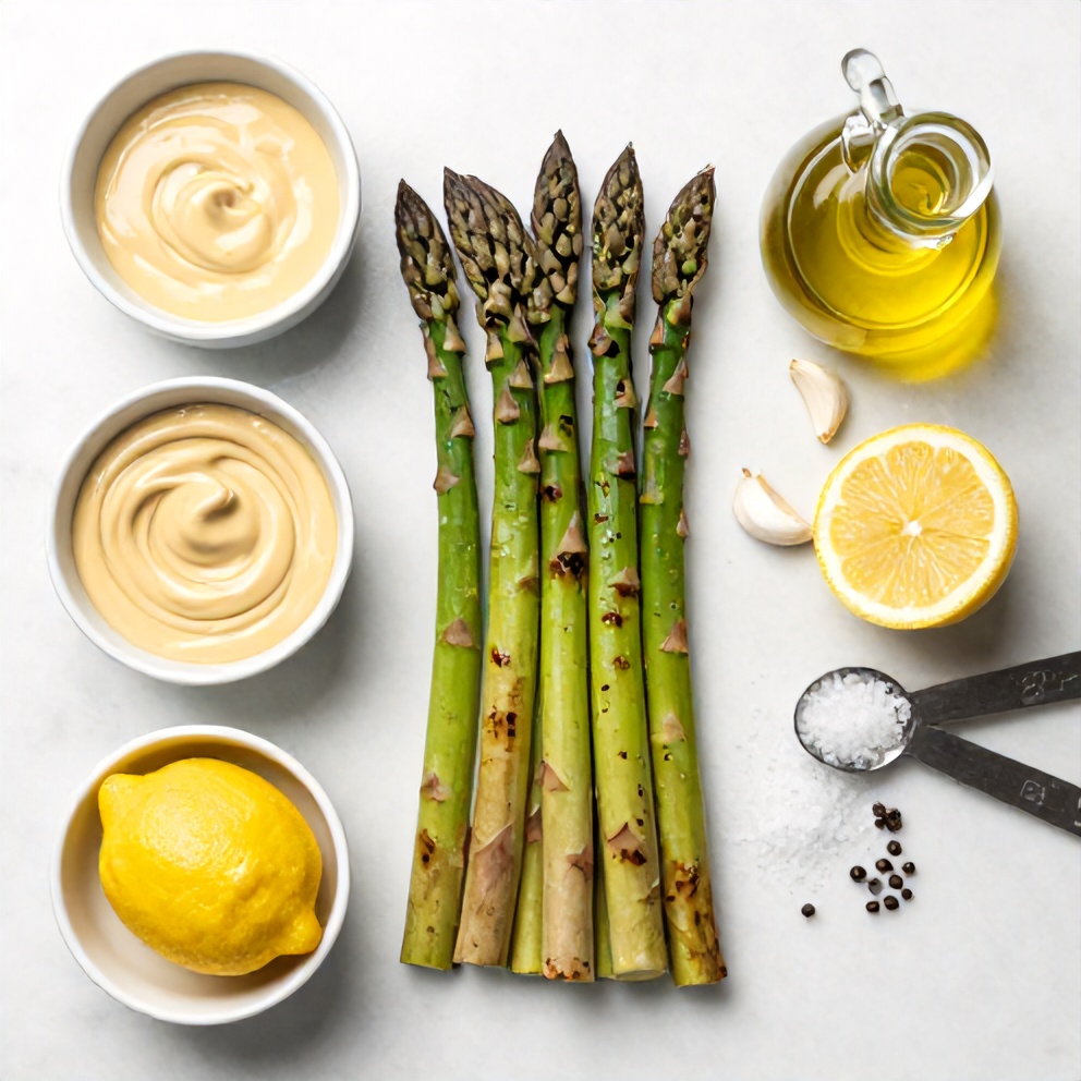 Raw ingredients for grilled asparagus with tahini lemon sauce
