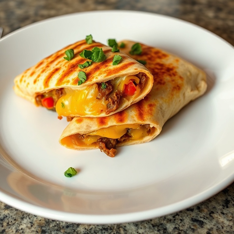 One grilled cheese burrito cut in half, gooey cheese stretching, with fresh cilantro on glossy white plate. Warm lighting highlights crispy crust.