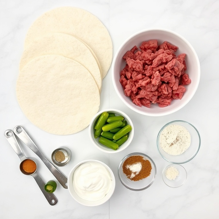 Overhead view of all ingredients for grilled cheese burrito: flour tortillas, shredded cheese, ground beef, seasonings, jalapeños. Prep bowls and measuring spoons around.
