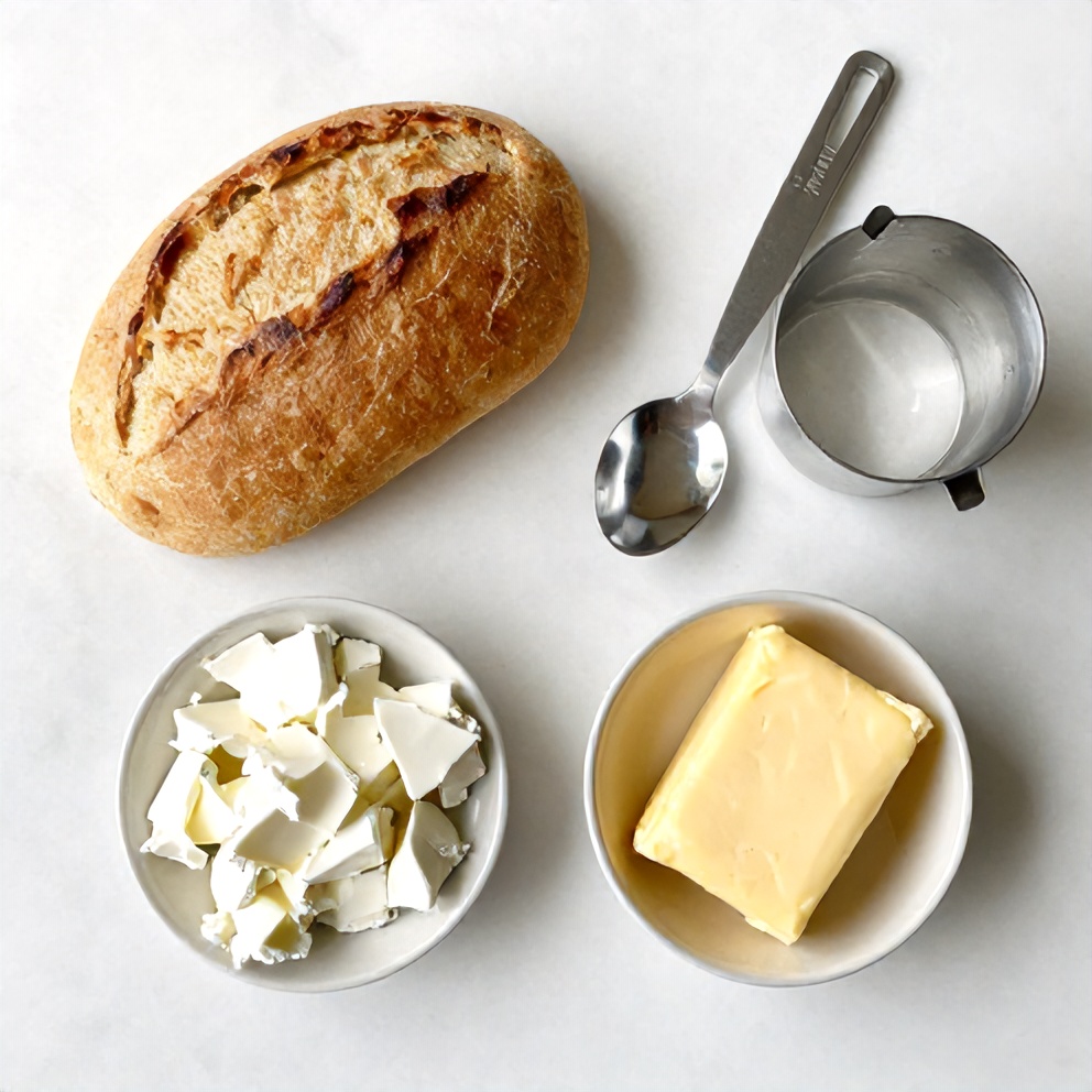 Bread, cheese, and butter arranged on a marble surface