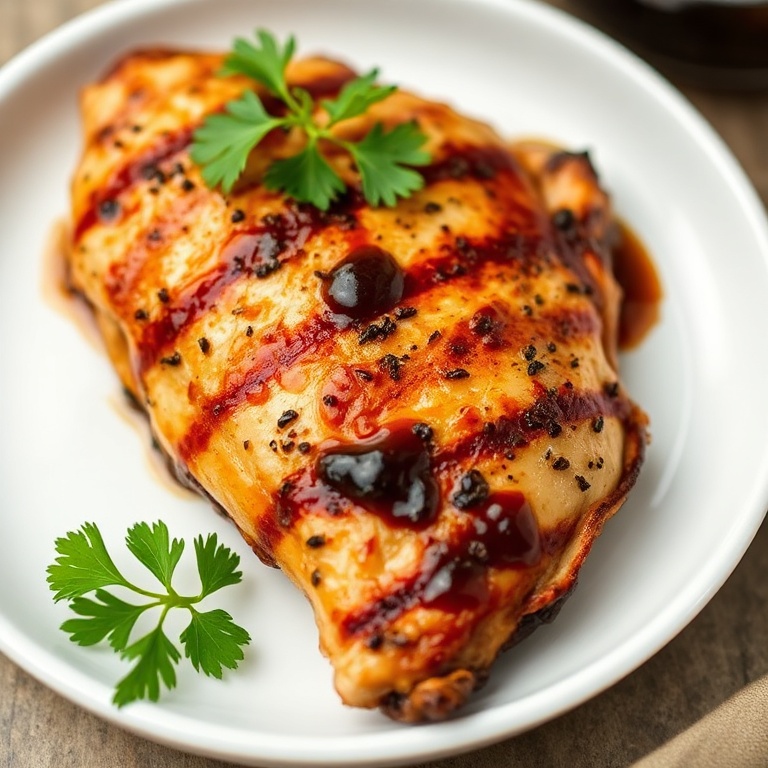 Grilled chicken served on a white plate with a balsamic herb glaze. Fresh parsley garnish. Close-up showing crispy edges and juicy texture.