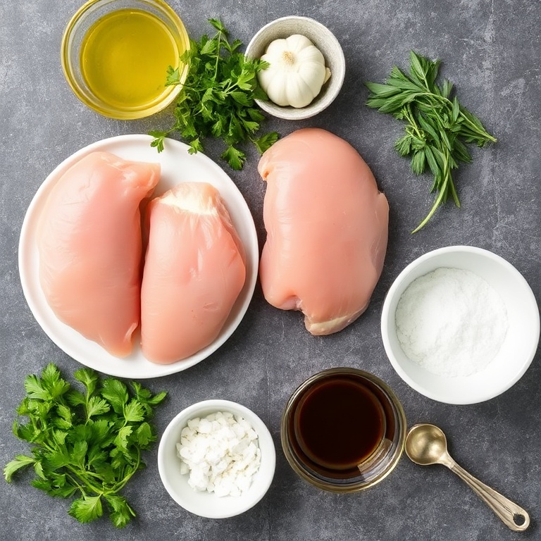 Raw chicken breasts, balsamic vinegar, fresh herbs, olive oil, garlic, and salt arranged in an overhead flat lay. Measuring spoons and bowls visible.