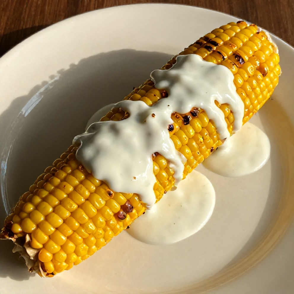 Plated grilled corn on the cob with chili lime yogurt sauce
