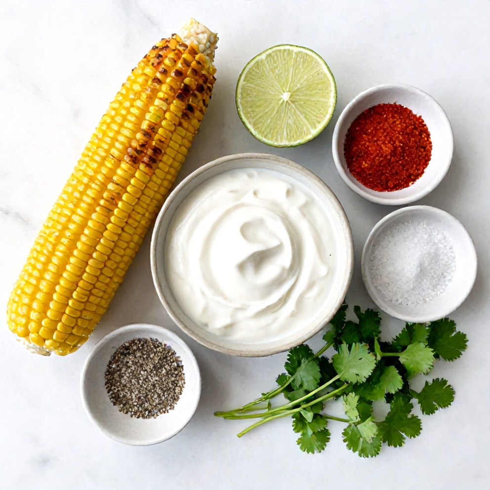 Raw ingredients for grilled corn with chili lime yogurt sauce