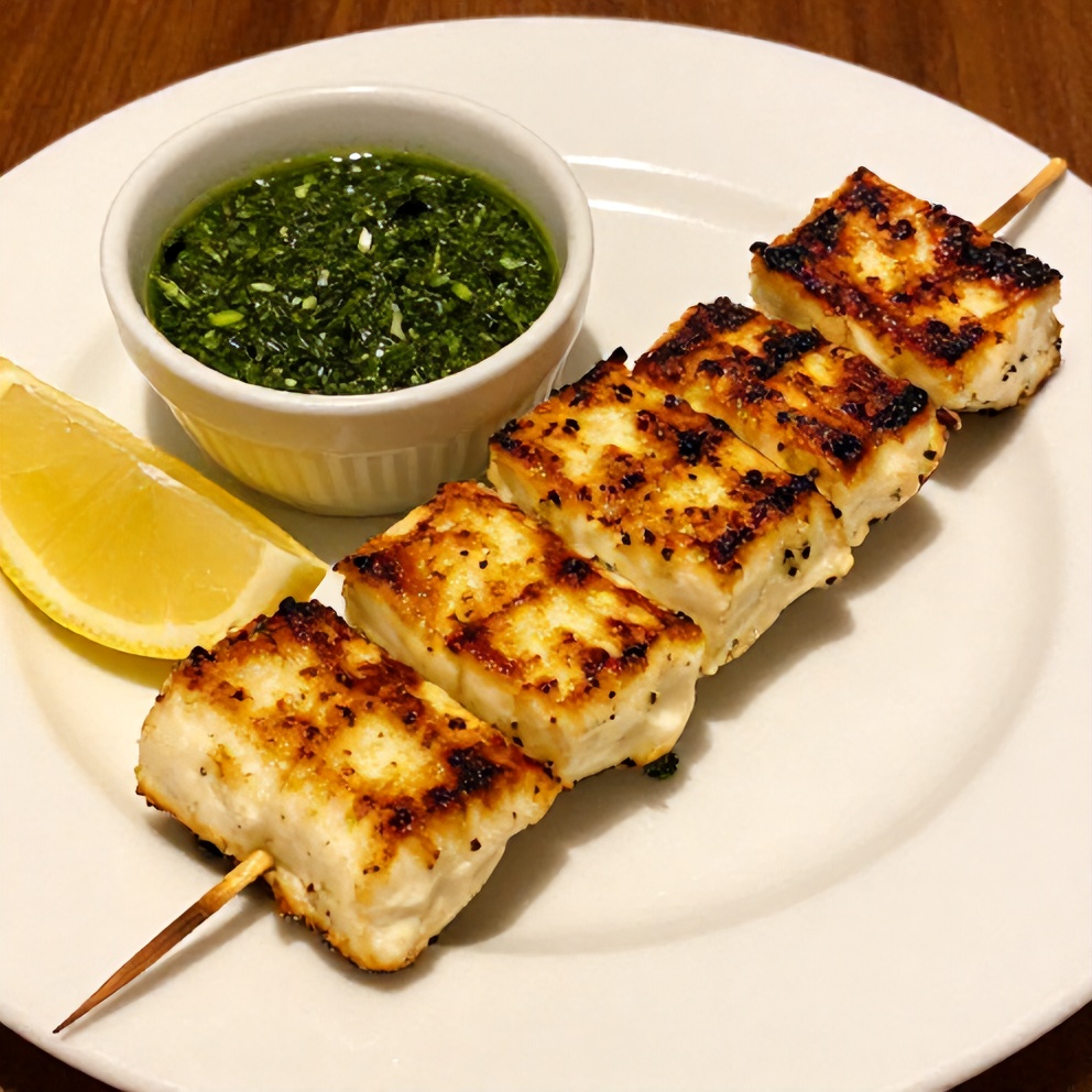Plated Halloumi skewers with herb sauce on a white plate