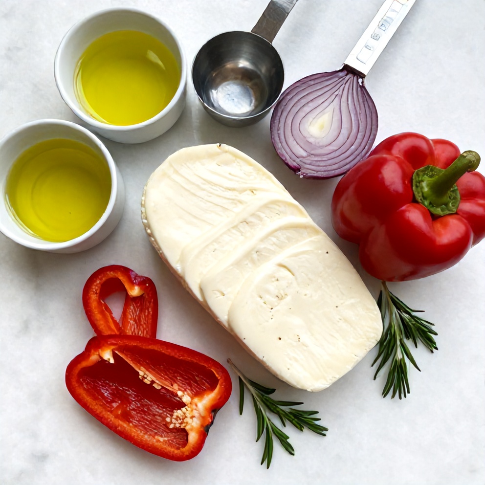 Halloumi cheese, bell peppers, red onion, olive oil, and herbs laid out on a marble surface
