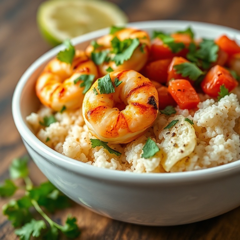 One beautifully plated grilled shrimp bowl topped with avocado slices and fresh cilantro in a wide white ceramic bowl, close crop under warm light showing the juicy shrimp and vibrant salsa.