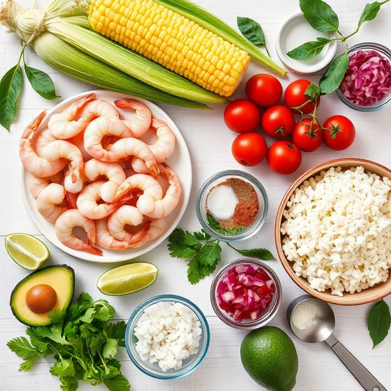 Overhead shot showing raw shrimp, ripe avocados, fresh corn on the cob, cooked white rice, and bright cherry tomatoes arranged with small bowls of lime, cilantro, and spices.