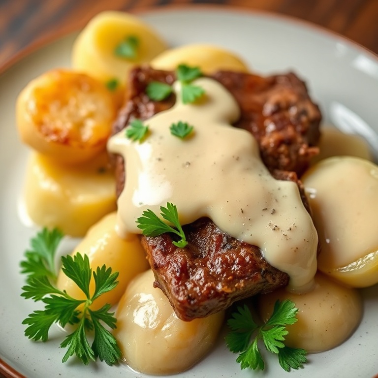 Perfectly plated beef and potatoes with fresh parsley. Creamy sauce drizzled on top. Close crop. Warm lighting. Photorealistic food photography.