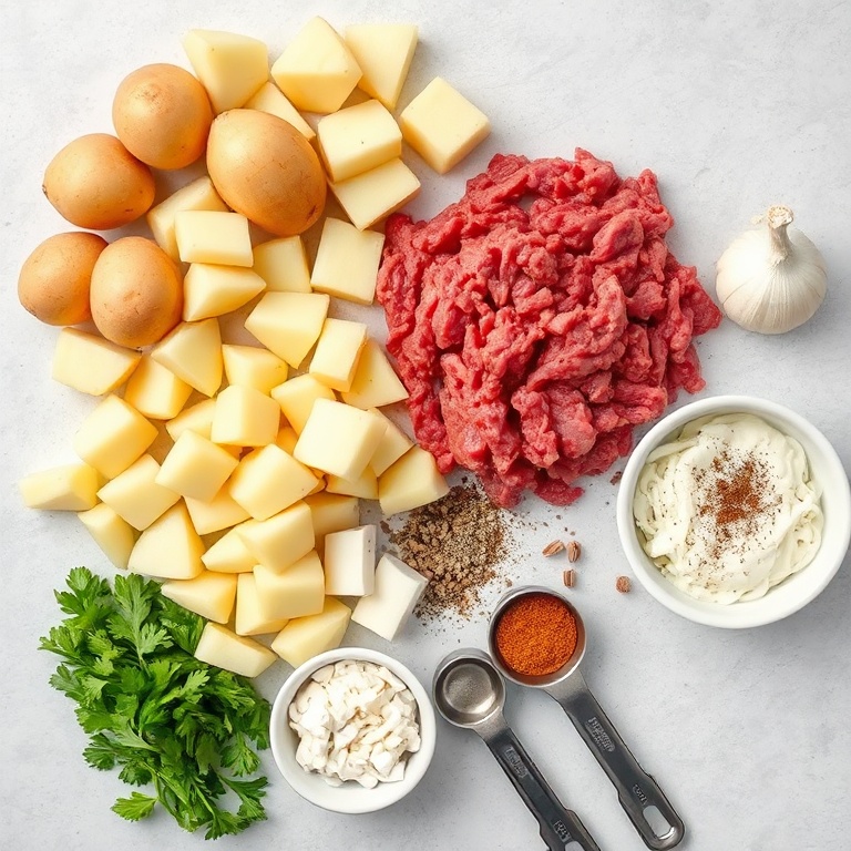 Ground beef, potatoes, onions, garlic, and seasonings arranged in a flat lay. Measuring spoons and bowls visible. Bright even light. Photorealistic food photography.