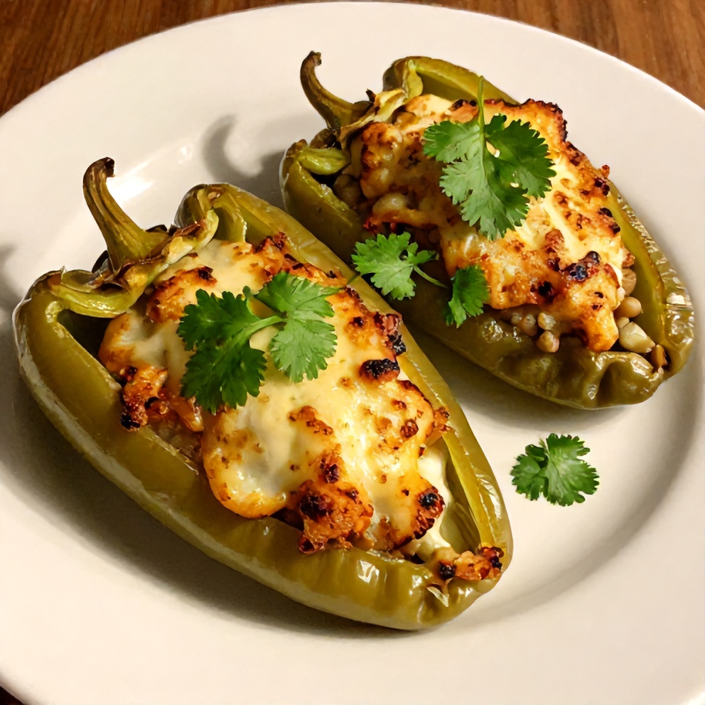 Stuffed peppers plated on a white dish with fresh cilantro. Crispy edges and gooey filling visible.