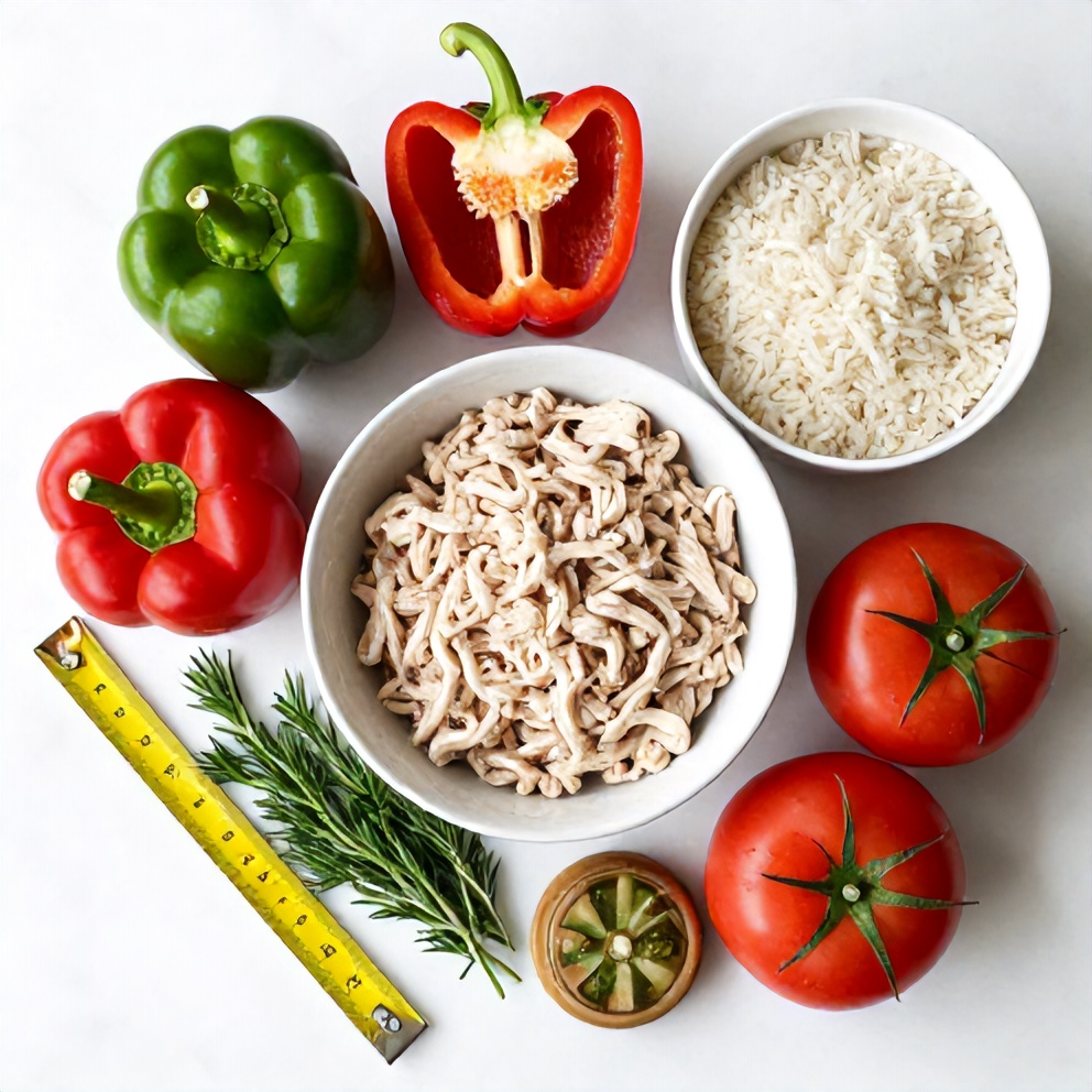 Fresh bell peppers, ground turkey, rice, tomatoes, and herbs arranged in a flat lay. Measuring tools and bowls visible.