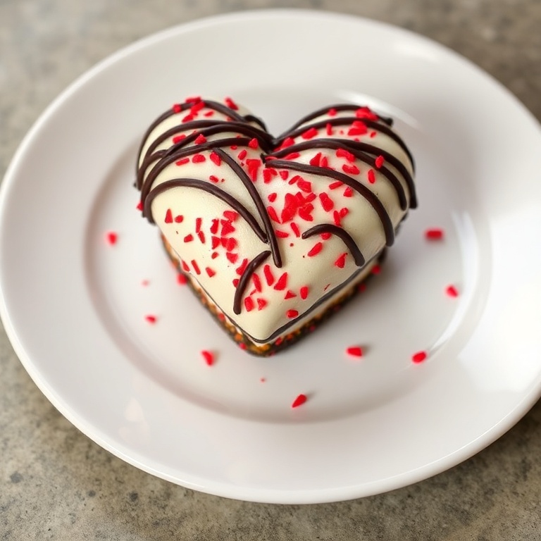 One perfect heart oreo ball on a white plate. Red sprinkles and chocolate drizzle visible. Warm side lighting showing texture. No text. No watermark.