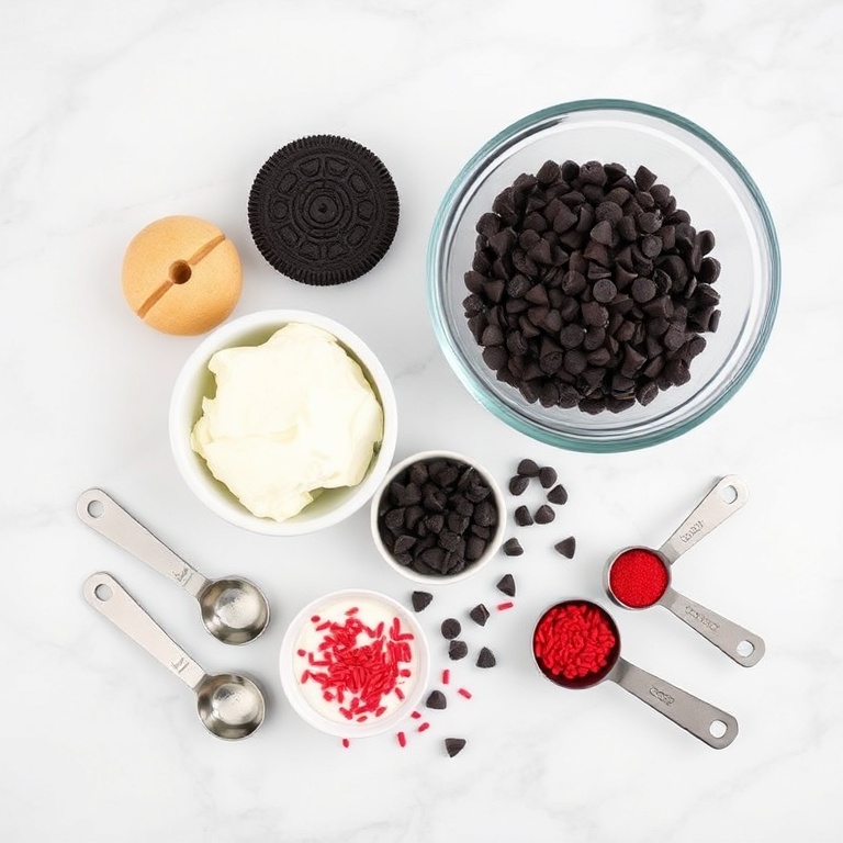 Raw ingredients for heart oreo balls on a white marble surface. Oreo cookies, cream cheese, chocolate chips, red sprinkles, and a mixing bowl. Measuring spoons and cups visible. Bright even light. No text. No watermark.