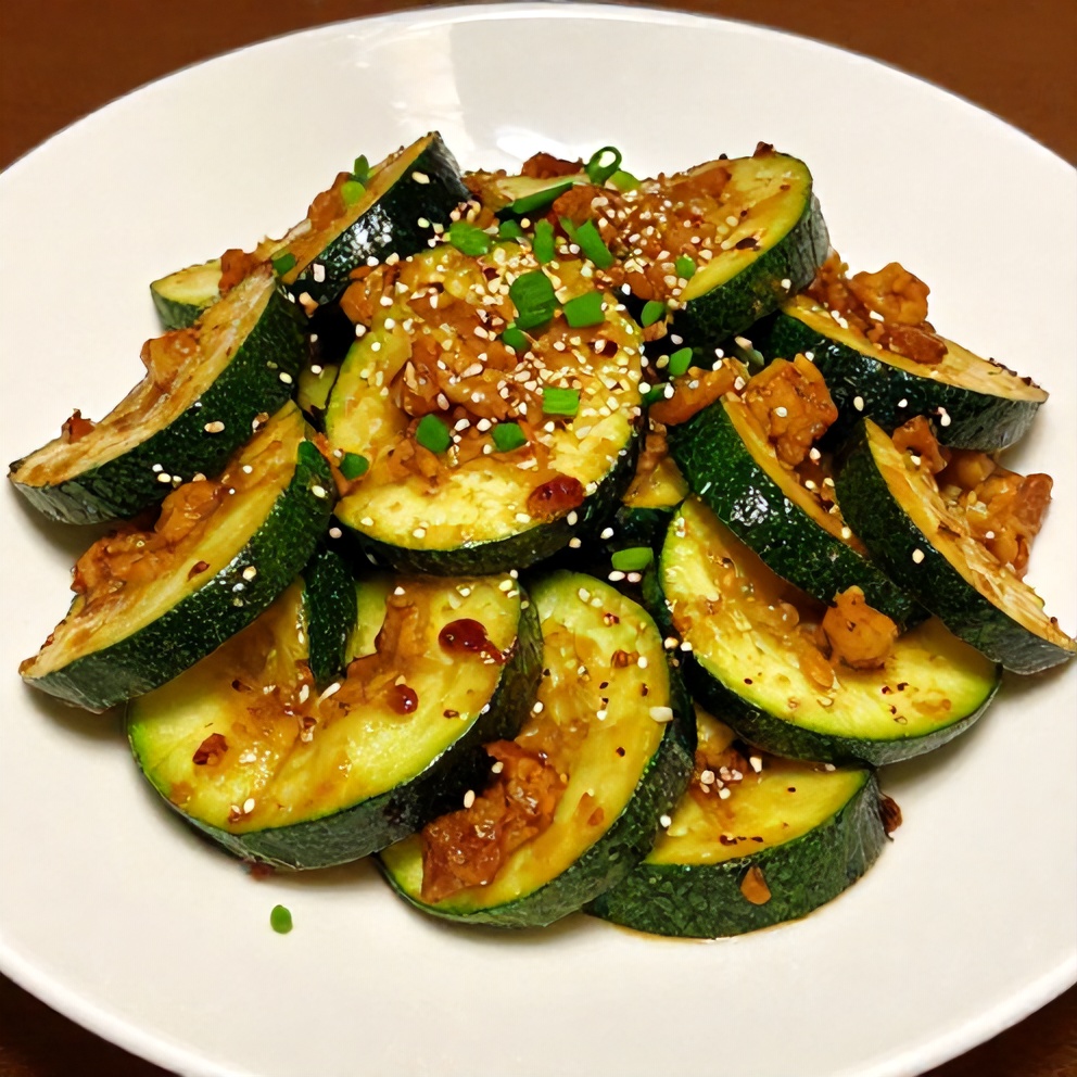 Plated Hibachi Zucchini Stir Fry with sesame seeds and green onions