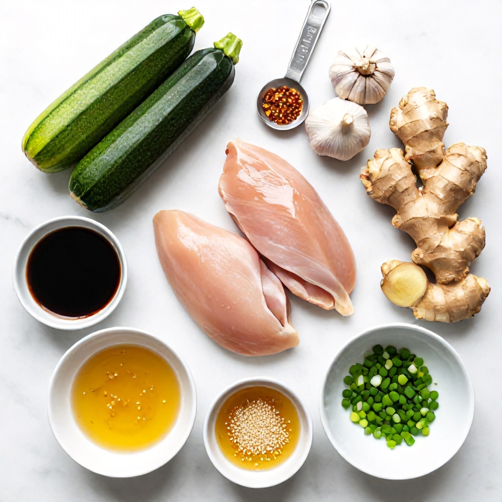Raw ingredients for Hibachi Zucchini Stir Fry on a white marble surface