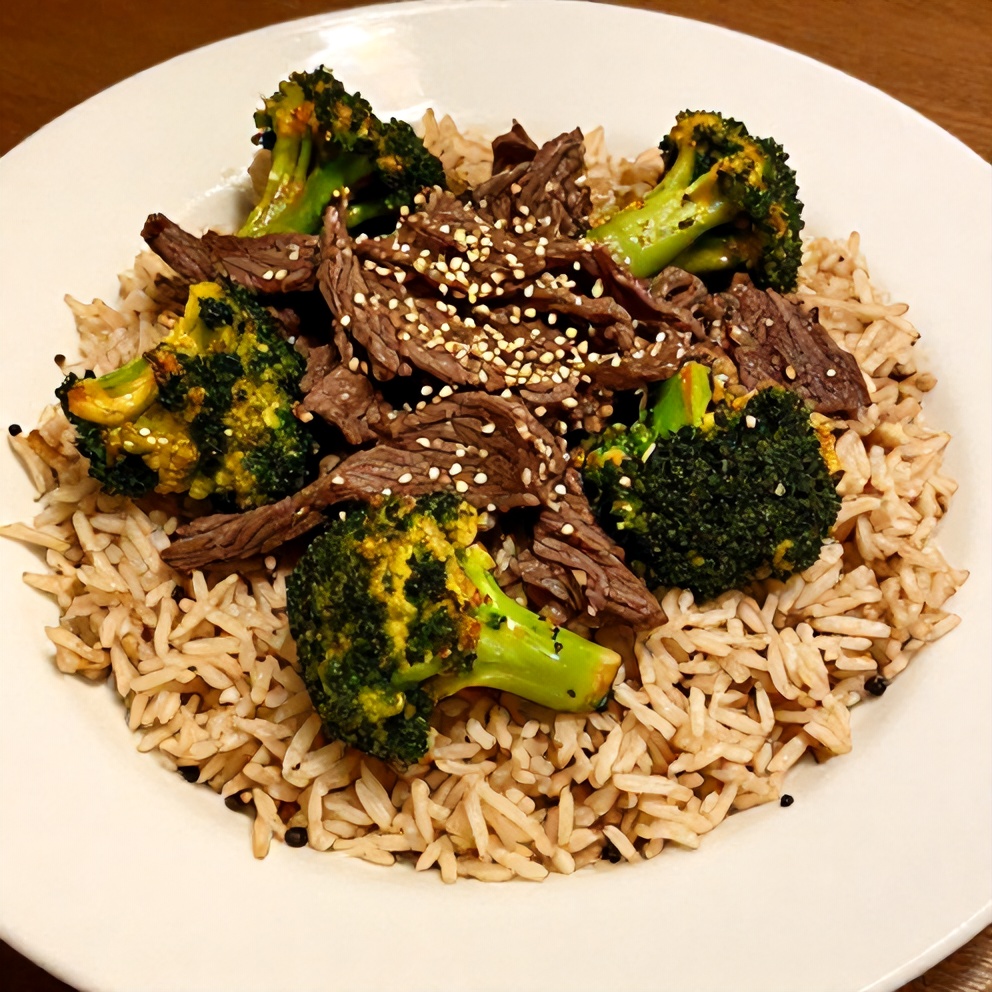 One perfect plated serving of Beef and Broccoli Rice Bowls, garnished with sesame seeds, on a white plate, close crop, warm side lighting showing texture, photorealistic food photography.
