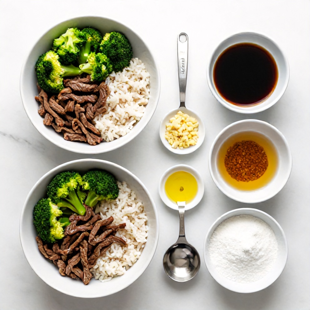 Overhead flat lay of raw ingredients for Beef and Broccoli Rice Bowls: beef strips, broccoli florets, rice, soy sauce, minced garlic, sesame oil, brown sugar, cornstarch, measuring spoons and bowls, white marble surface, bright even light, photorealistic overhead food photography.