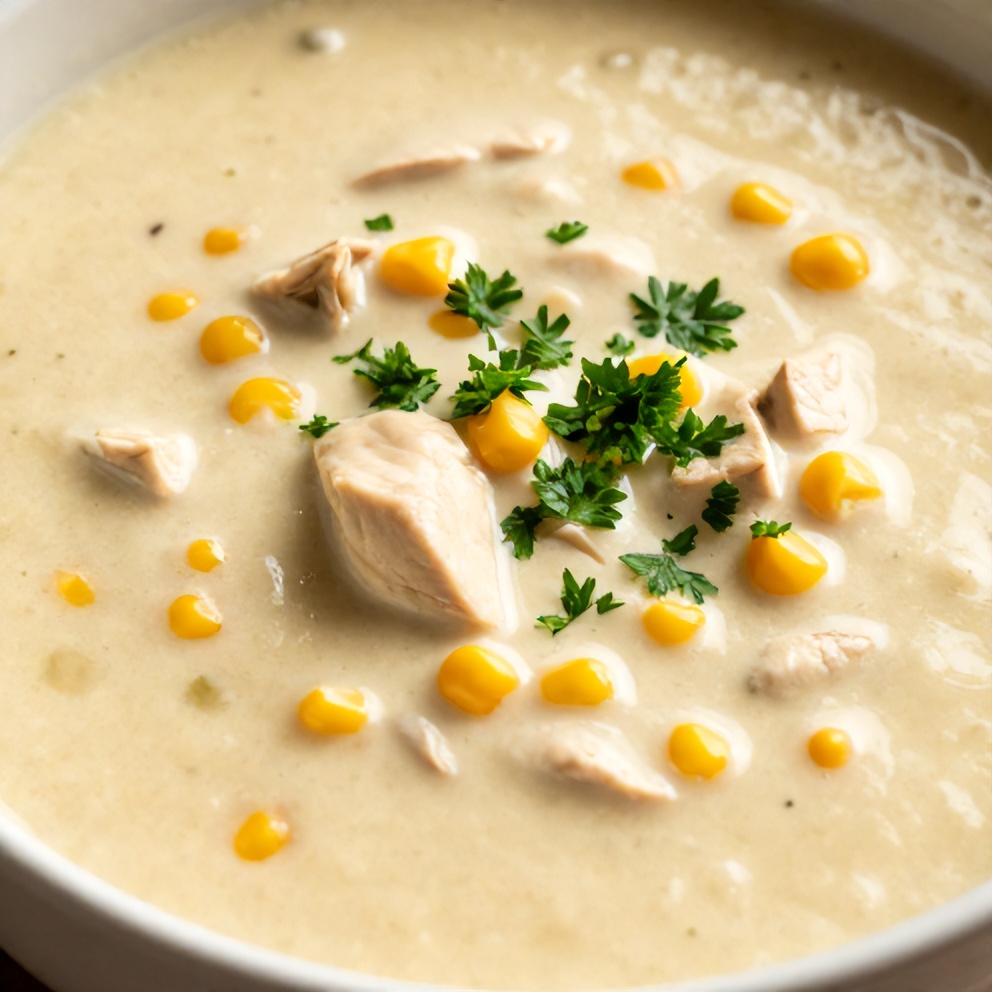 Bowl of Chicken and Corn Chowder with chopped parsley