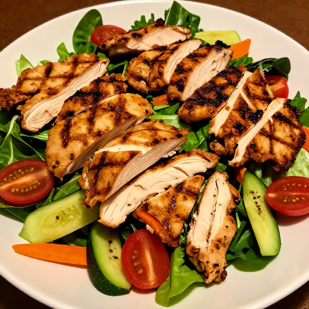 Plated grilled chicken cobb salad with crispy chicken and fresh veggies