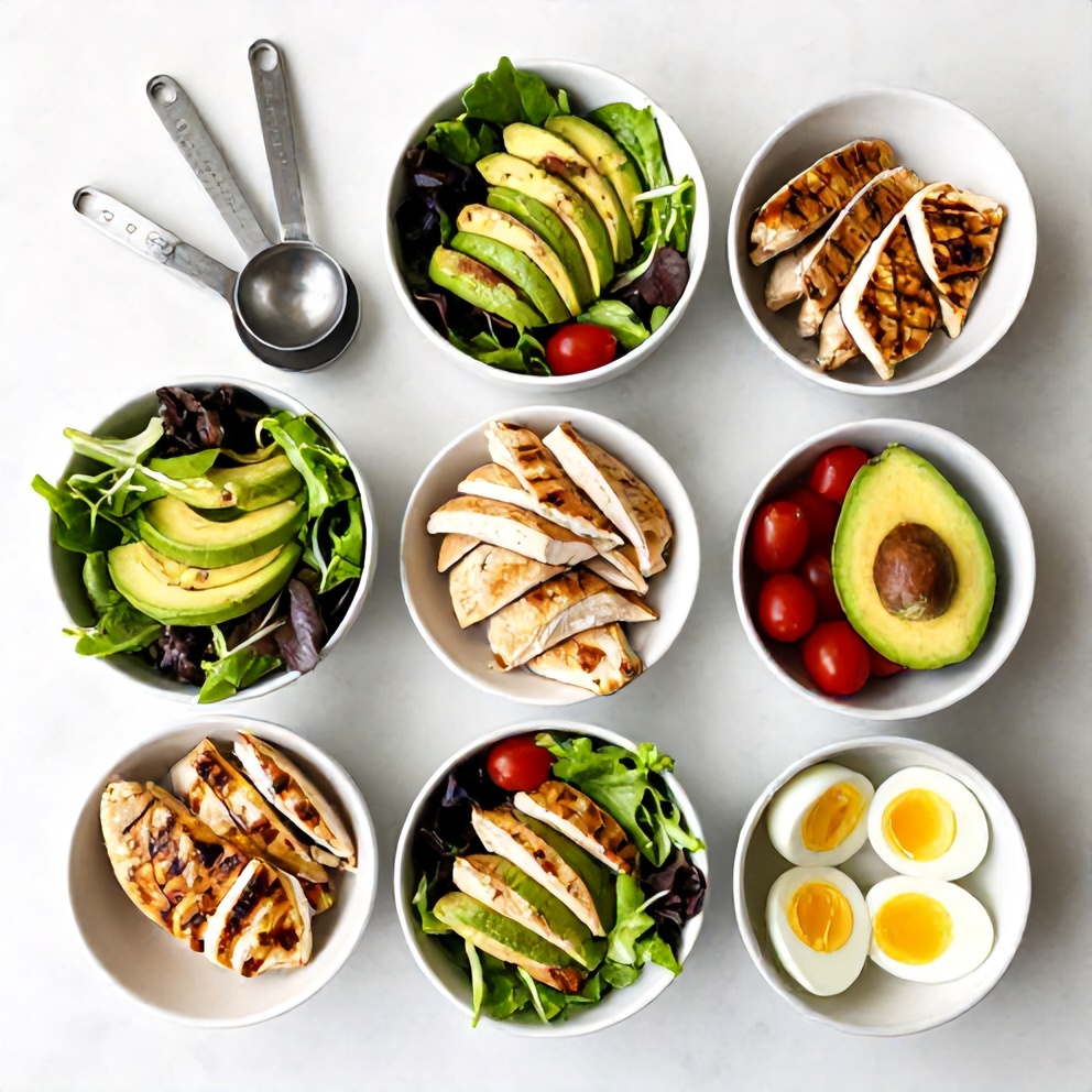 Raw ingredients for grilled chicken cobb salad laid out on a white marble surface