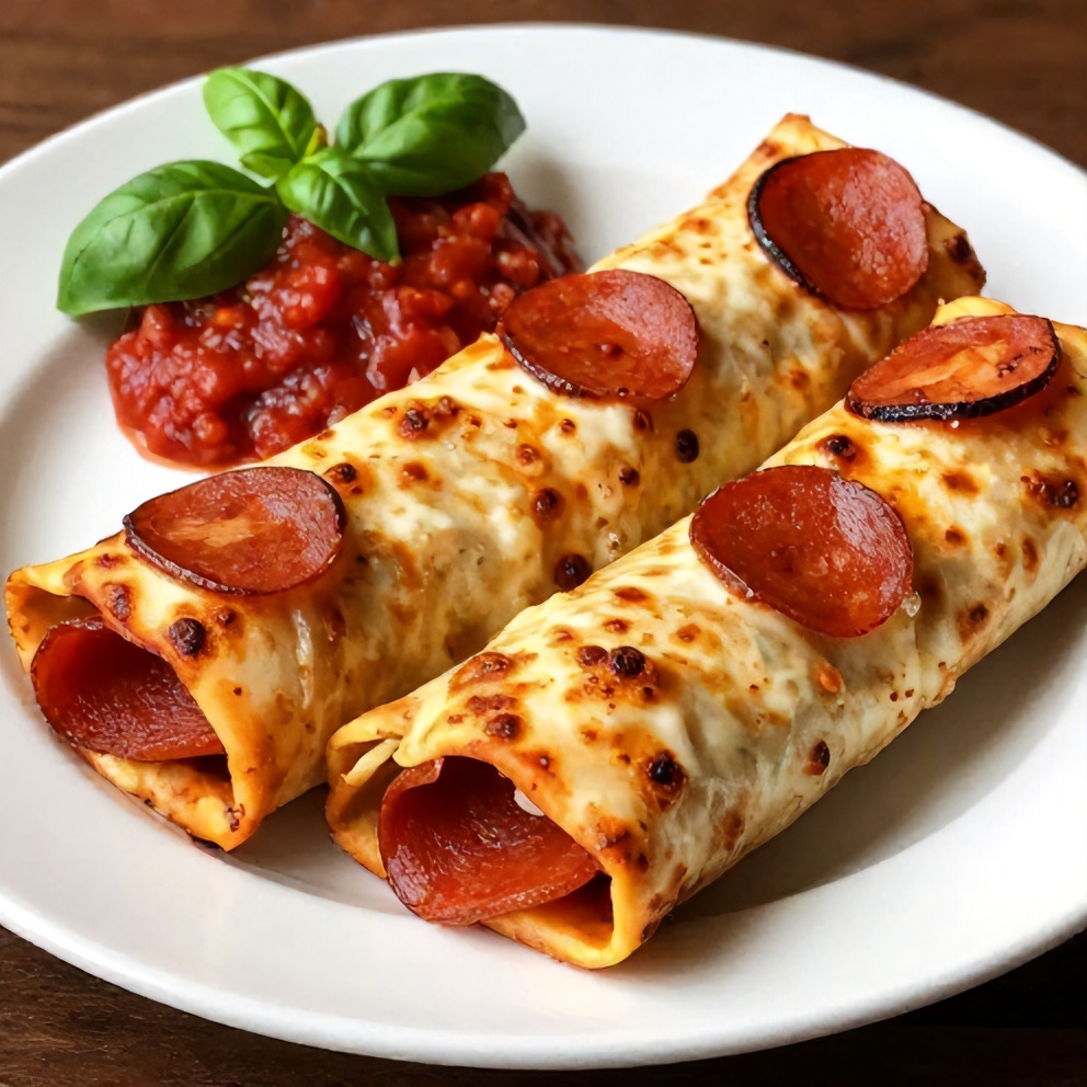 Pepperoni Pizza Rolls on a plate with a side of marinara sauce