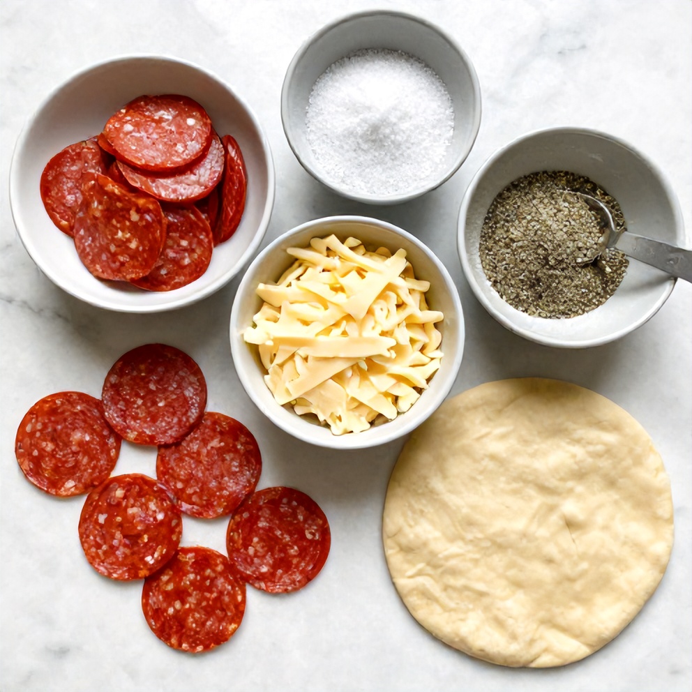 Raw ingredients for High Protein Pepperoni Pizza Rolls on a marble surface