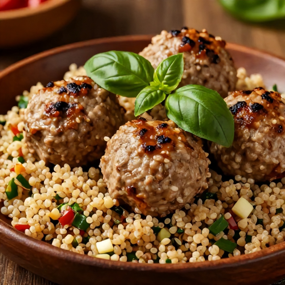 Plated turkey meatballs with pasta and vegetables