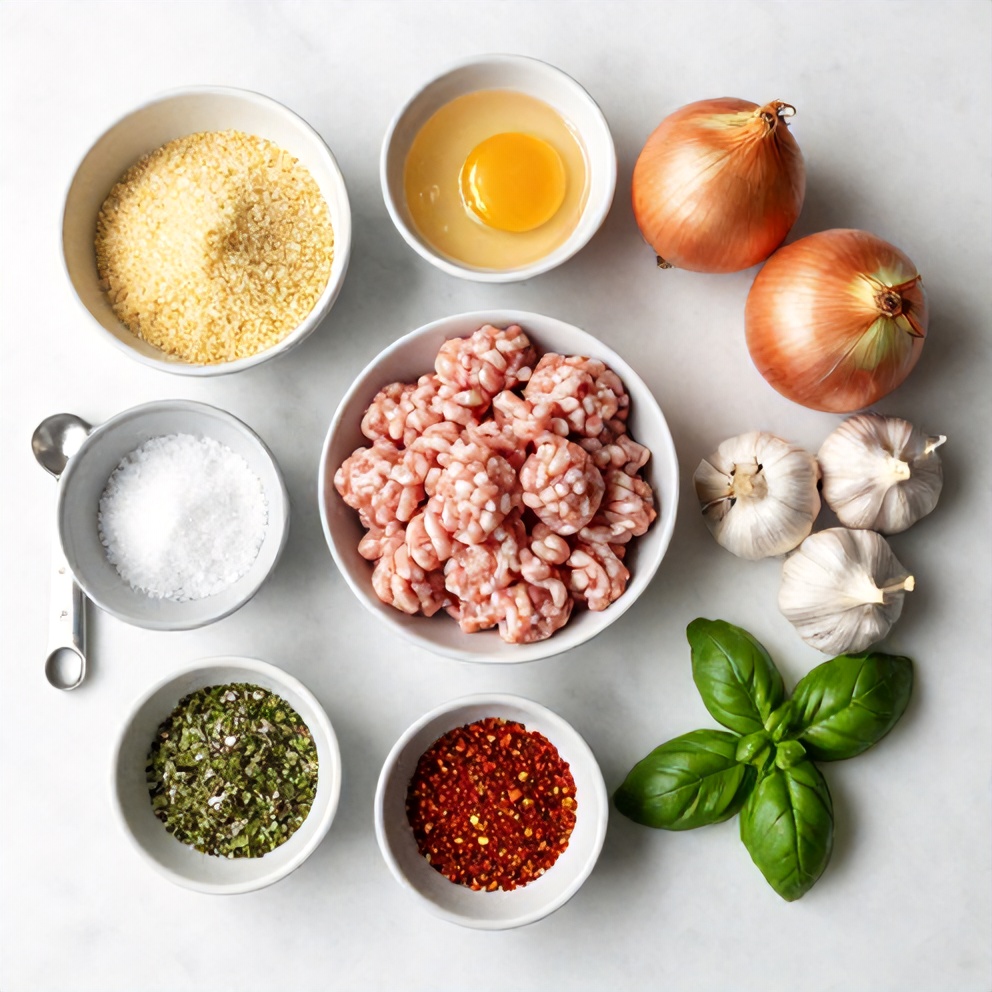 Ground turkey, breadcrumbs, egg, and seasonings laid out on a cutting board