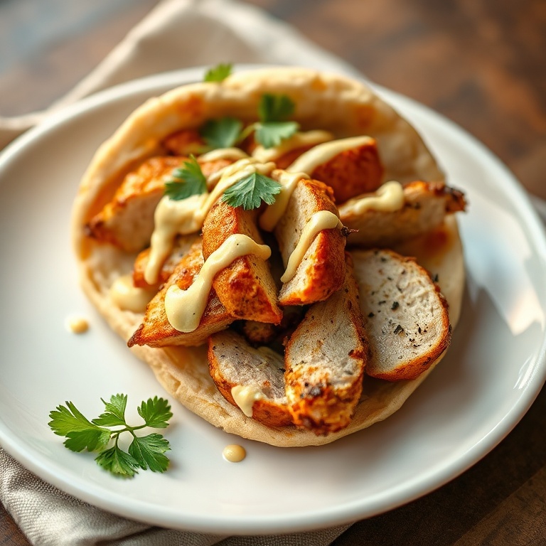 A pita wrap overflowing with sliced chicken shawarma, creamy sauce, pickled onions, and parsley, on a white plate with warm side lighting.