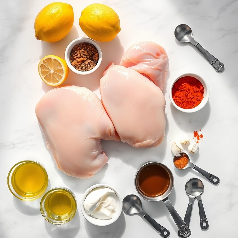 Overhead of raw chicken thighs, Greek yogurt, garlic cloves, lemon, smoked paprika, and spices arranged with prep bowls and measuring spoons.