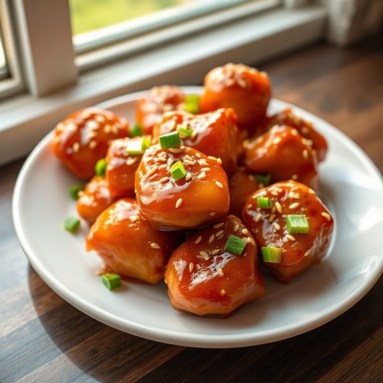A single serving of honey garlic chicken bites topped with green onion and sesame seeds on a white plate. The glazed chicken pieces are glistening.
