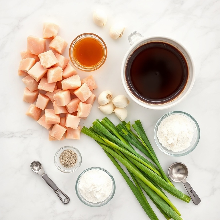 Overhead view of raw chicken breast cubes, honey, soy sauce, garlic cloves, and green onions arranged with bowls and measuring spoons.
