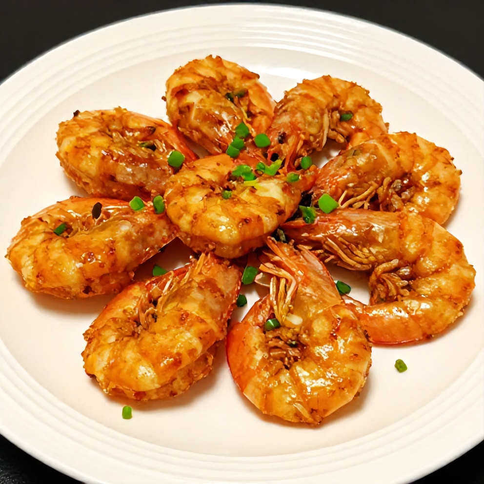 Plated Honey Garlic Shrimp with green onions
