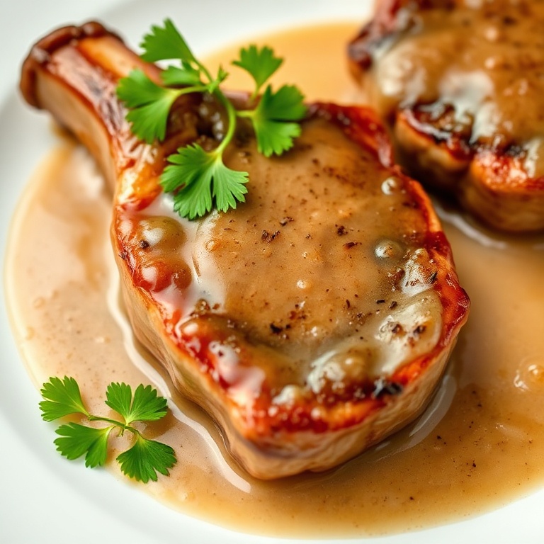 Perfectly plated beef chops. Garnished with fresh parsley. Close-up of the tender meat and glossy sauce.