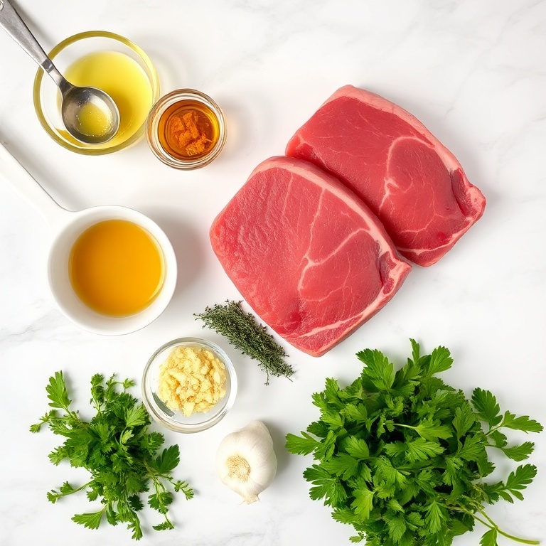 Raw beef chops, honey, mustard, garlic, thyme, and parsley arranged on a white marble surface. Measuring spoons and bowls visible.
