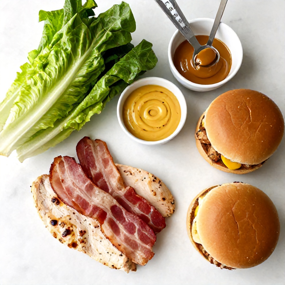 Raw ingredients for Honey Mustard BLT Chicken Sliders on a marble surface