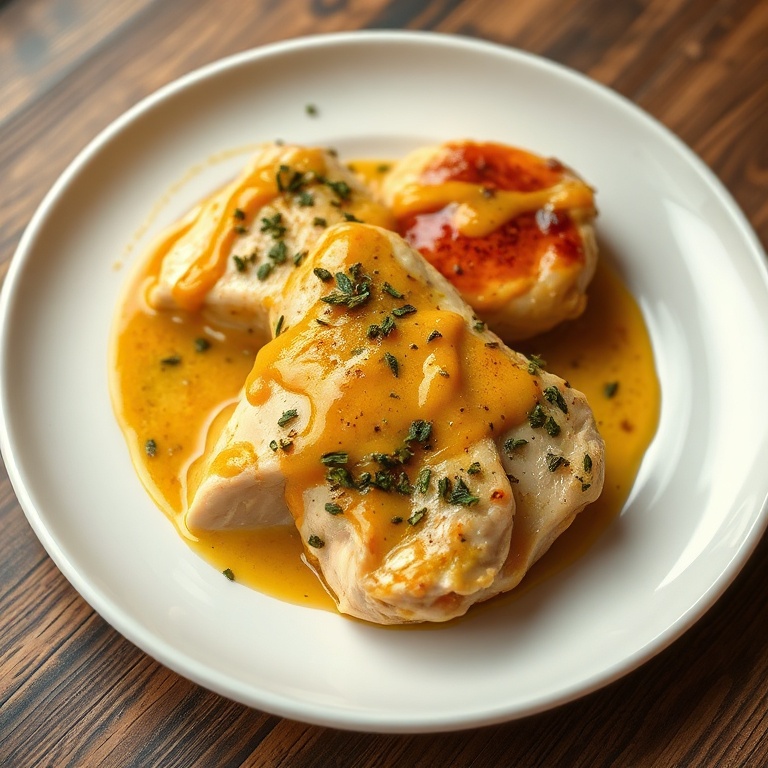 Serving of honey mustard chicken with herbs and sauce on a white plate