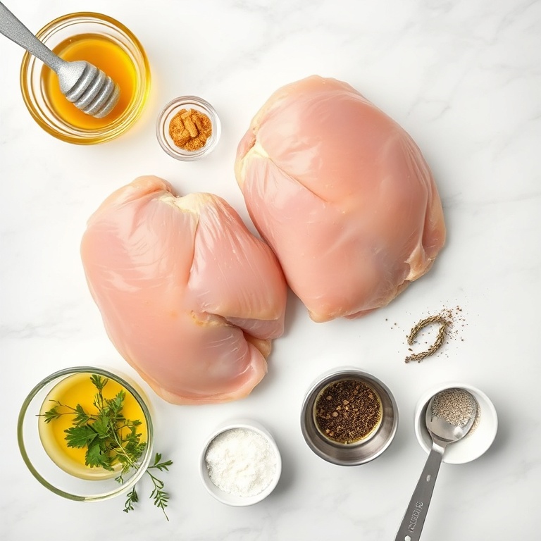 Chicken breasts, honey, Dijon mustard, garlic, thyme, olive oil, salt, pepper