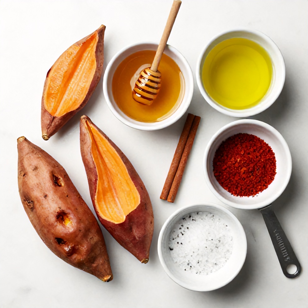 Raw ingredients for honey roasted sweet potatoes