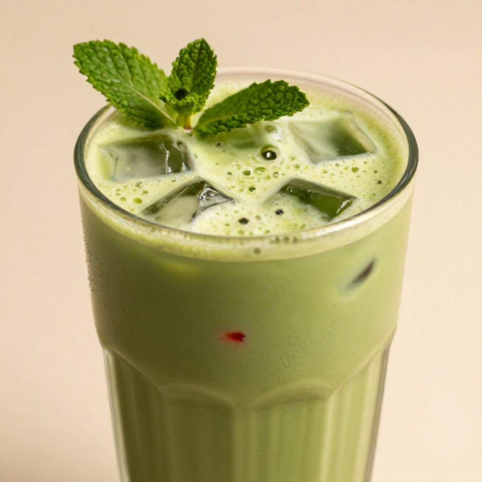 Iced matcha strawberry latte with a mint sprig garnish in a tall glass
