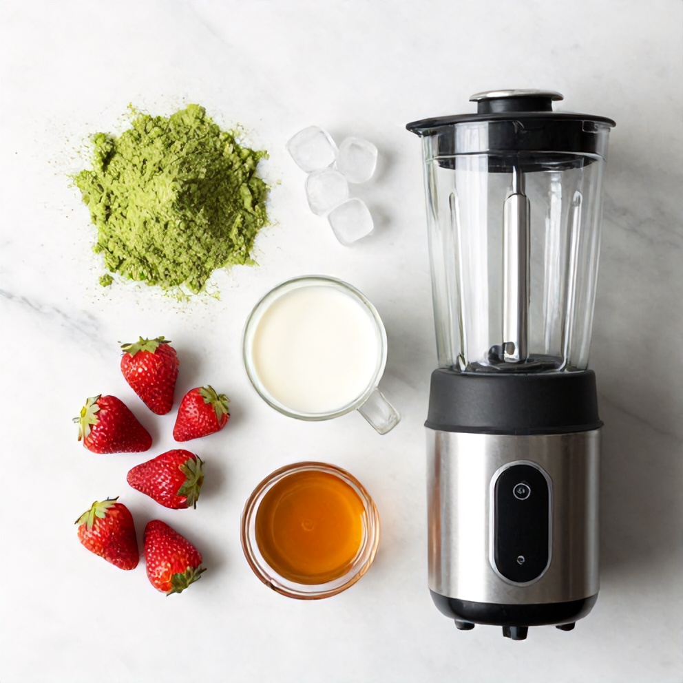 Matcha powder, fresh strawberries, milk, honey, ice cubes, and a blender on a wooden surface