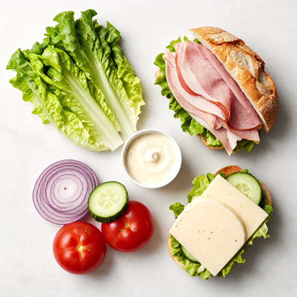 Raw ingredients for Italian grinder salad sandwich on a marble surface